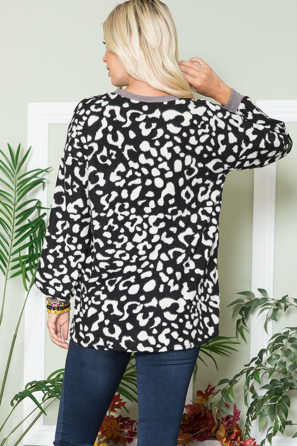 Celeste Black Leopard V-Neck Long Sleeve Blouse Shirts & Tops