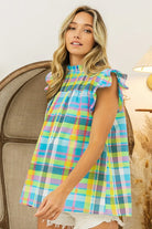 BiBi Blue and Yellow Multi Color Check Plaid Woven Blouse