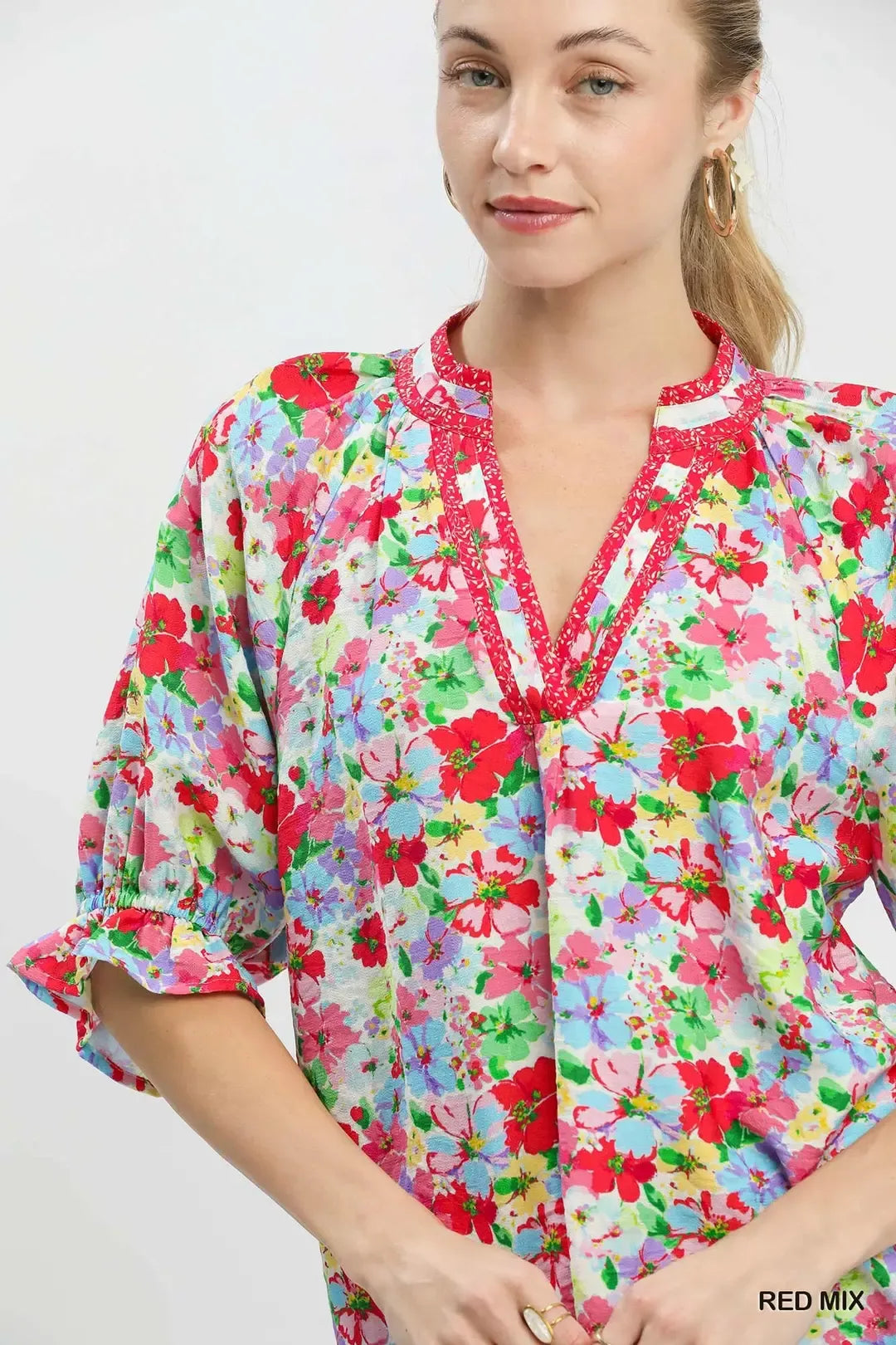 Umgee Red Mix Floral Print Ruffle Top