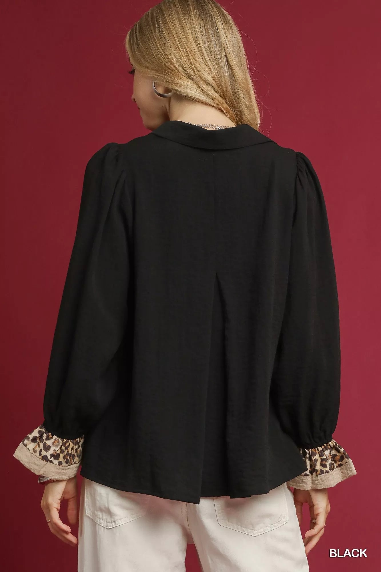 Umgee Black Half Button Blouse with Leopard Print Trim