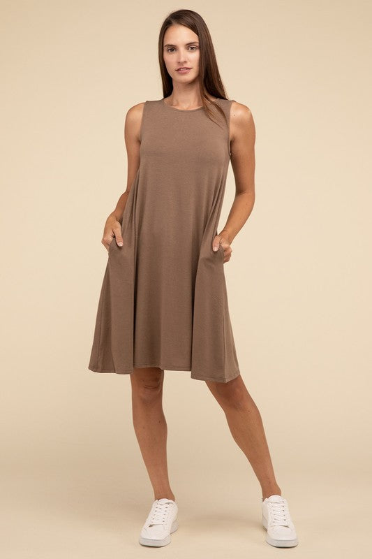 Zenana Sleeveless Flared Dress with Side Pockets in 3 Colors ZENANA