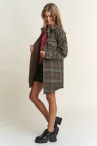 J.NNA Snap Down Tweed Plaid Contrast Longline Shacket Trendsi