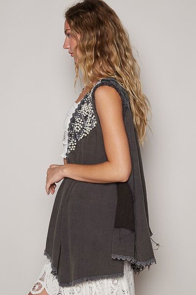 POL Charcoal Embroidered Pearls Open Front Sleeveless Cardigan