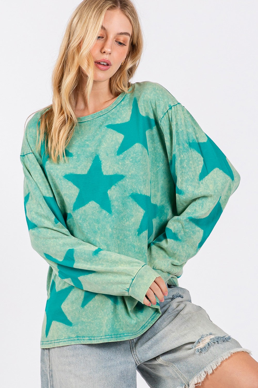 SAGE + FIG Turquoise Mineral Wash Star Pattern Top Trendsi