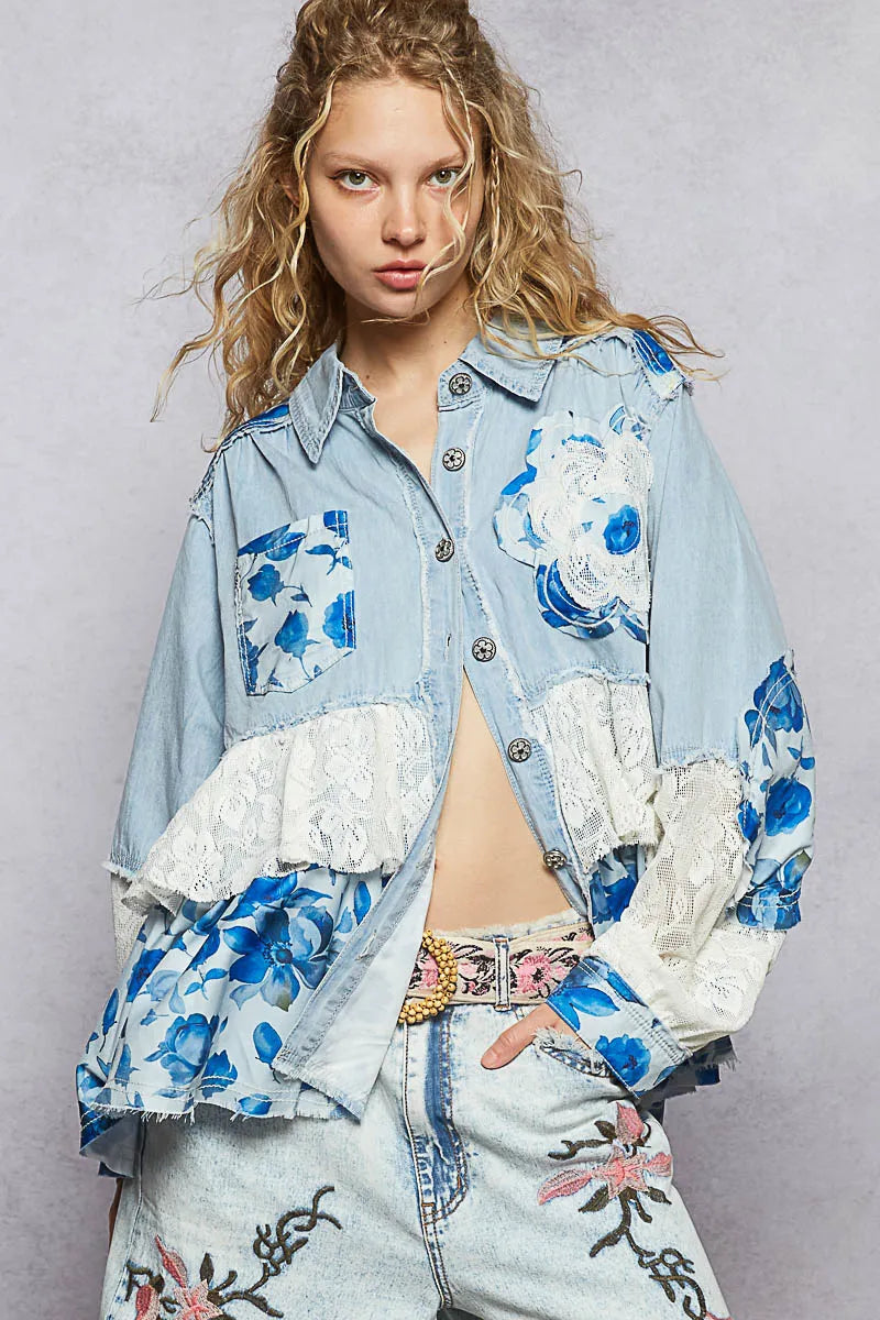 POL Floral Patchwork Denim Shirt with Lace Trim Details
