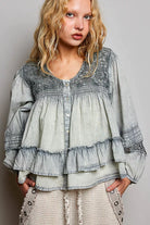POL Washed Layered Lace Pintuck Flared Woven Blouse SAGE