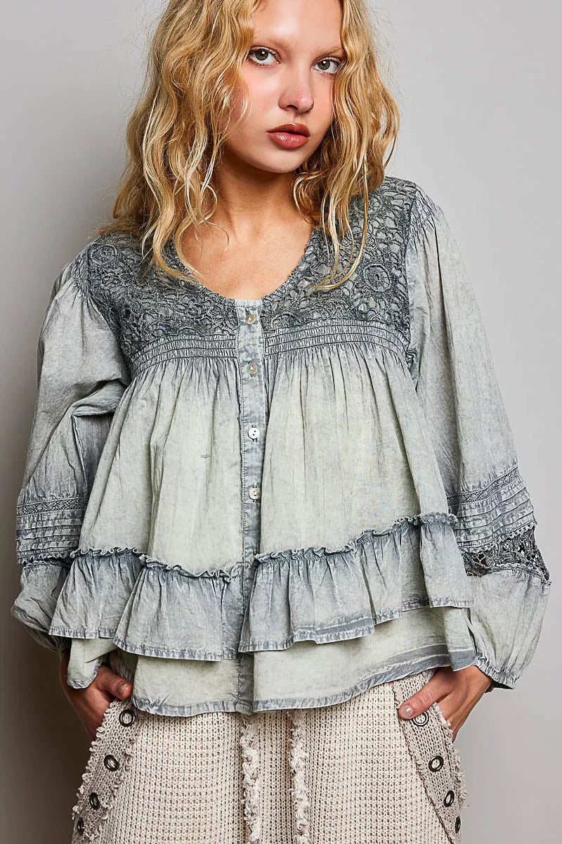 POL Washed Layered Lace Pintuck Flared Woven Blouse SAGE