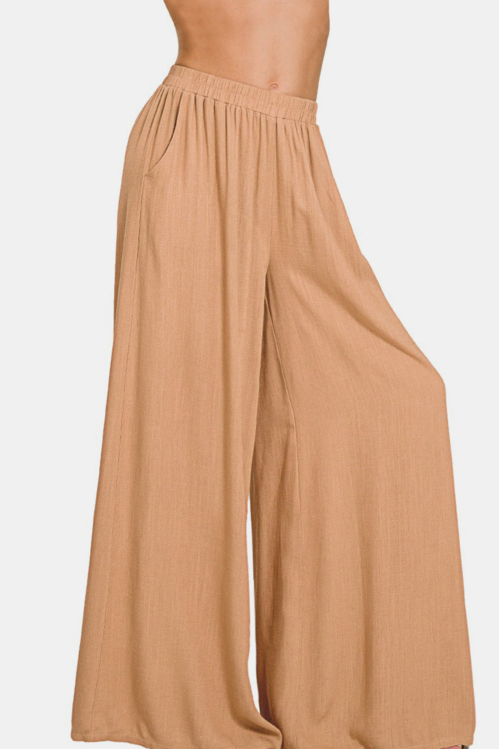 Zenana Pleated Linen Blend Wide Leg Pants in Dark Brush Trendsi