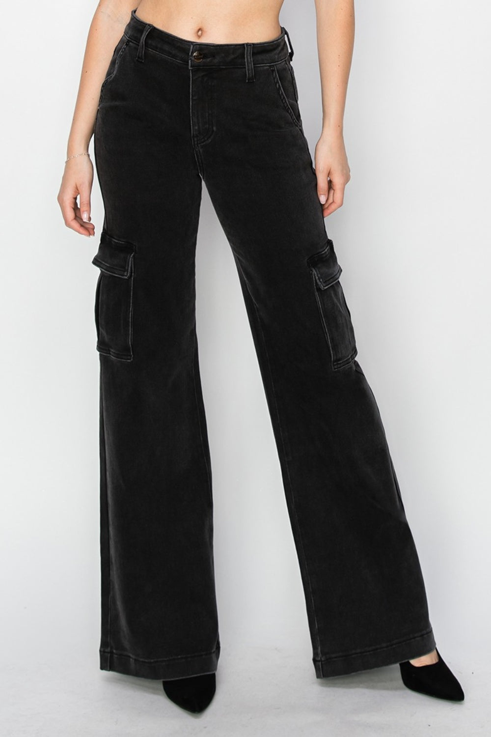 Risen Black High Rise Wide Leg Cargo Jeans Trendsi