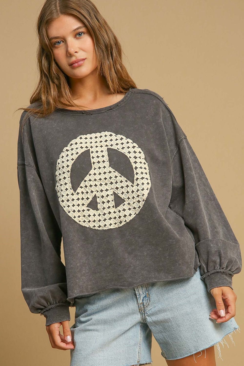 Umgee Full Size Peace Lace Applique Mineral Wash Sweatshirt Plus Size CHARCOAL