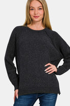 Zenana Black Side Slit Raglan Sleeve Sweater Black Shirts & Tops