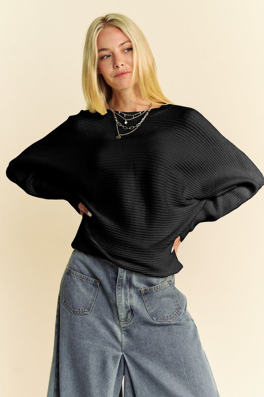 Davi & Dani Black Round Neck Batwing Sleeve Sweater