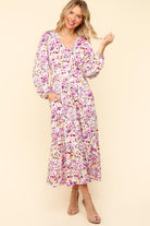 Haptics Liliac Floral V-Neck Long Sleeve Dress with Side Pockets Lilac Dresses