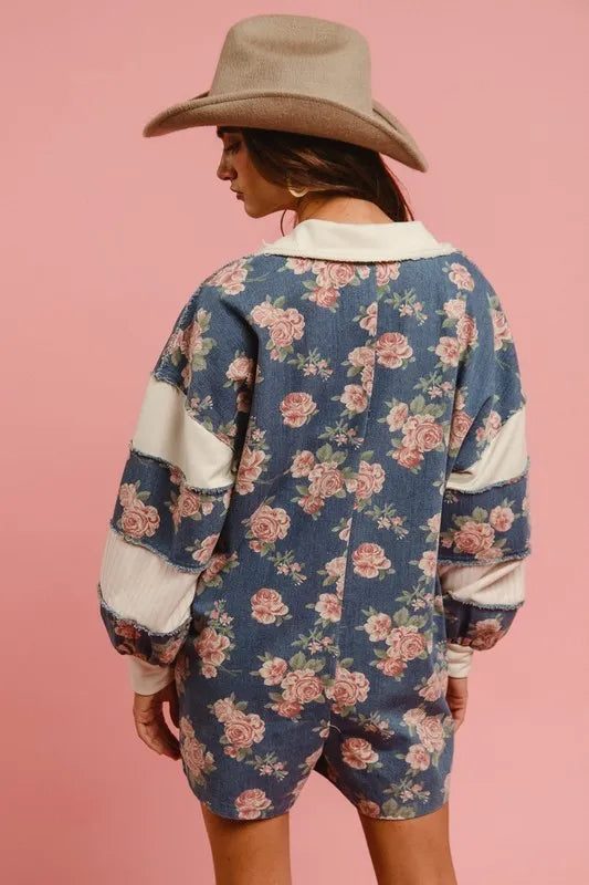 BiBi Washed Floral Denim Romper With Contrast Collar
