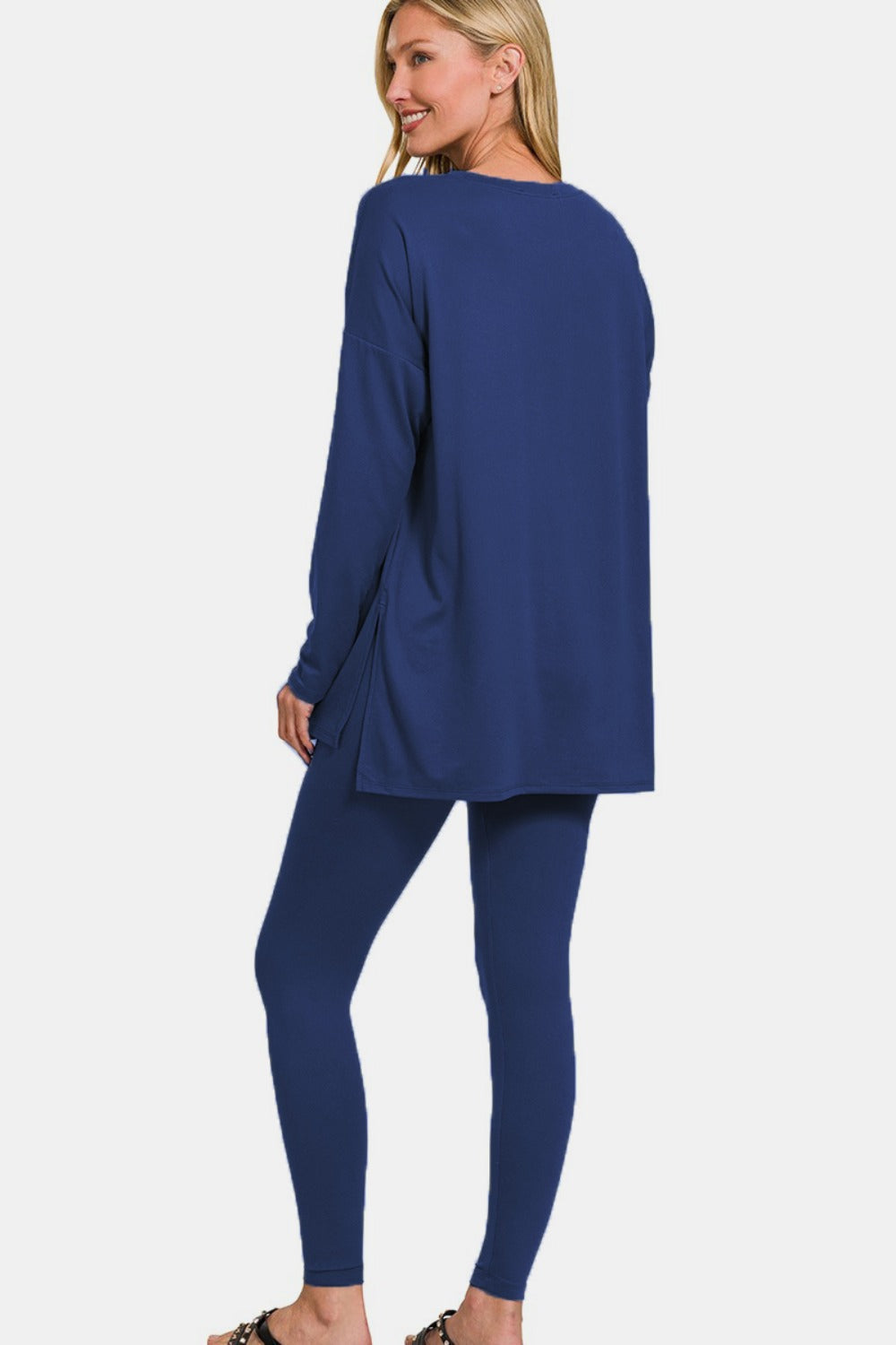 Zenana Navy Brushed Microfiber Top and Leggings Lounge Set Trendsi