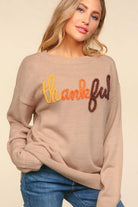 Haptics Feeling Thankful Taupe Pop Up Glittery Embroidery Sweater Haptics