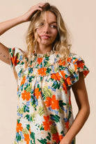 BiBi Cream & Multi Color Floral Print Woven Ruffle Sleeve Blouse