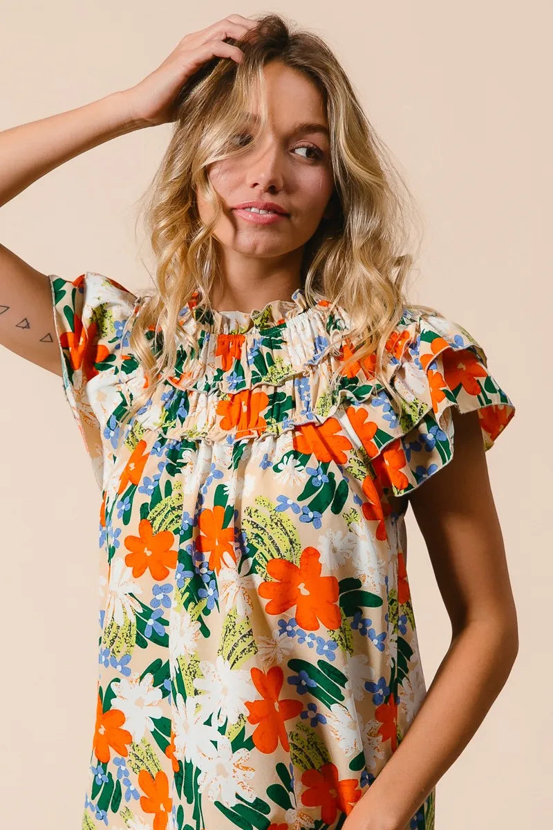 BiBi Cream & Multi Color Floral Print Woven Ruffle Sleeve Blouse