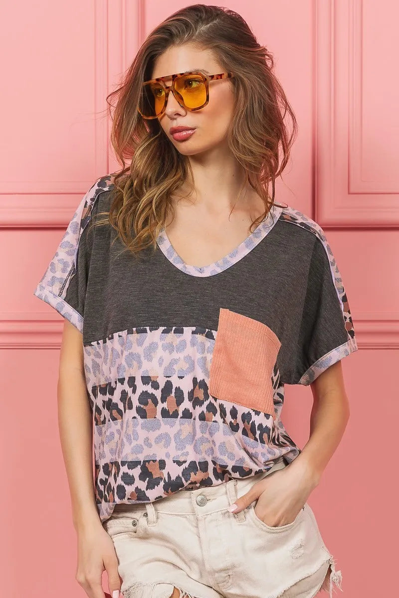 BiBi Charcoal Leopard Stripe with Slub Terry Color Block T-Shirt CHARCOAL