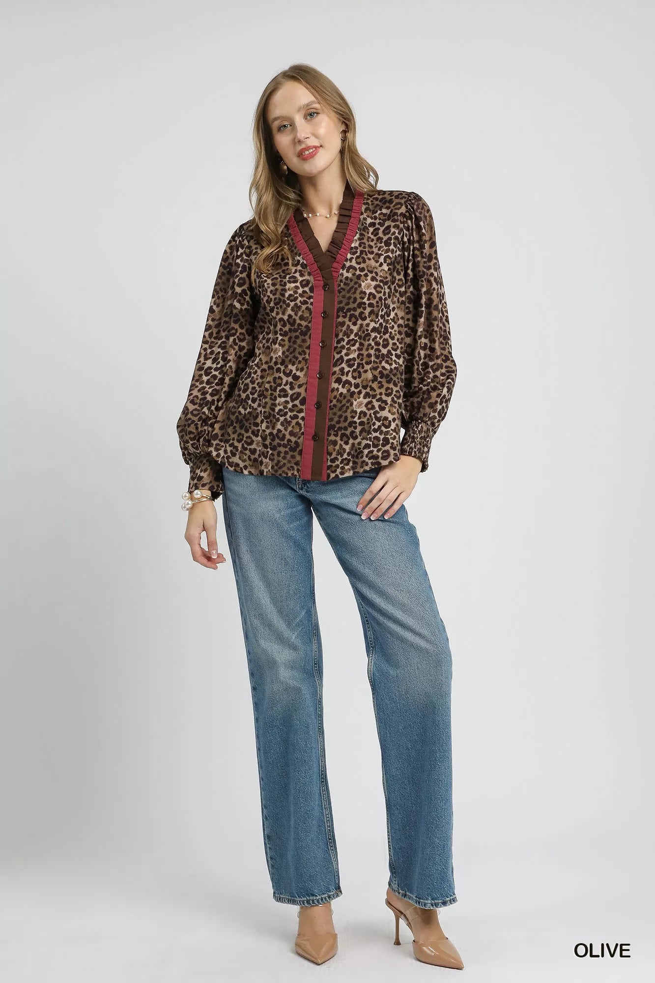 Umgee Olive Ruffle Trim Leopard Print Long Sleeve Blouse