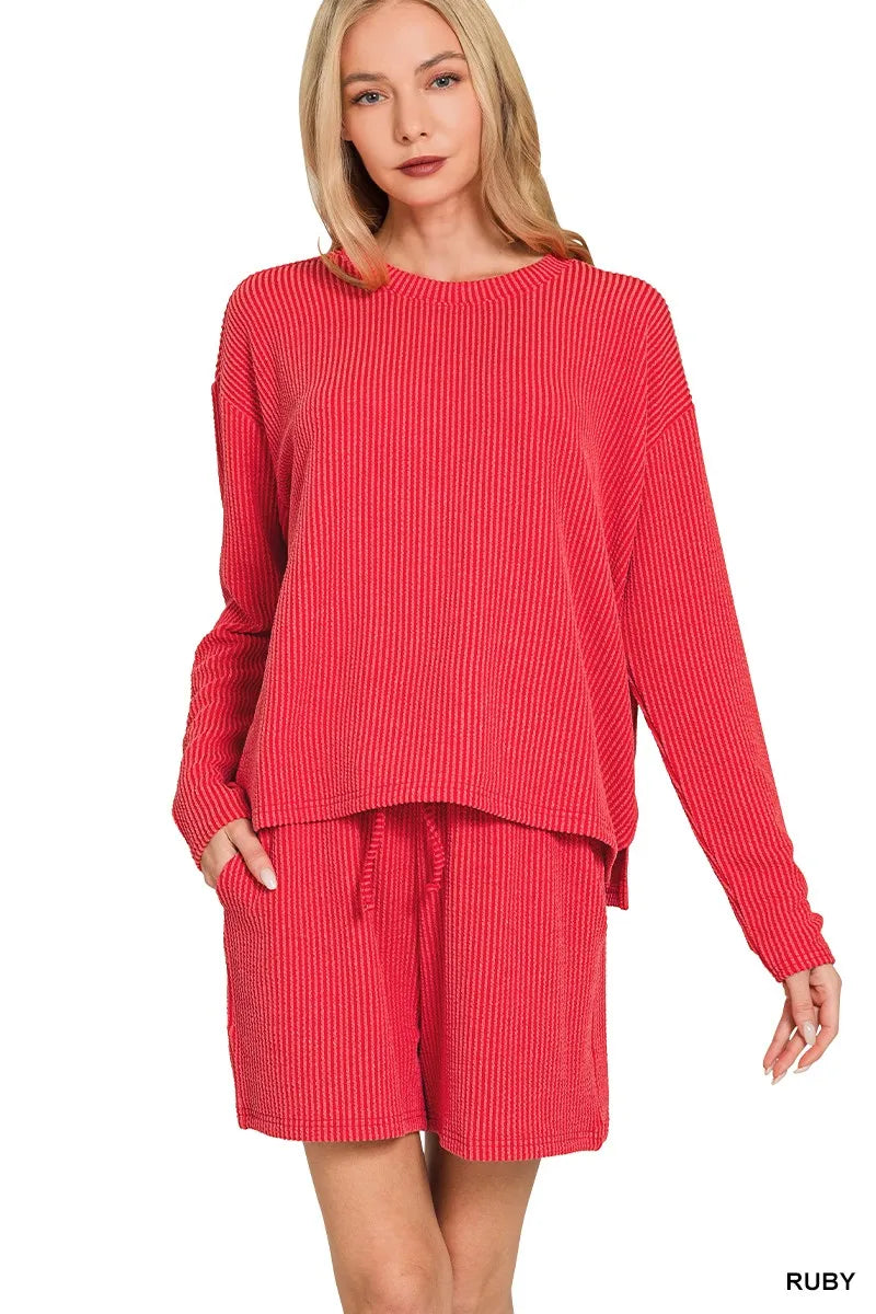 Zenana Ruby Corded Rib Long Sleeve Tee and Shorts Set RUBY