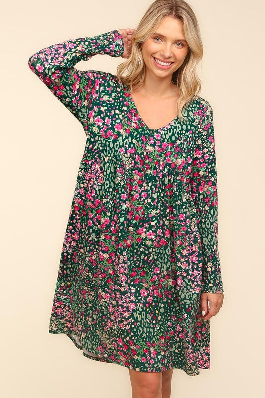 Haptics Hunter Green Floral and Animal Print Buttery Smooth Dress Ruby Idol Apparel