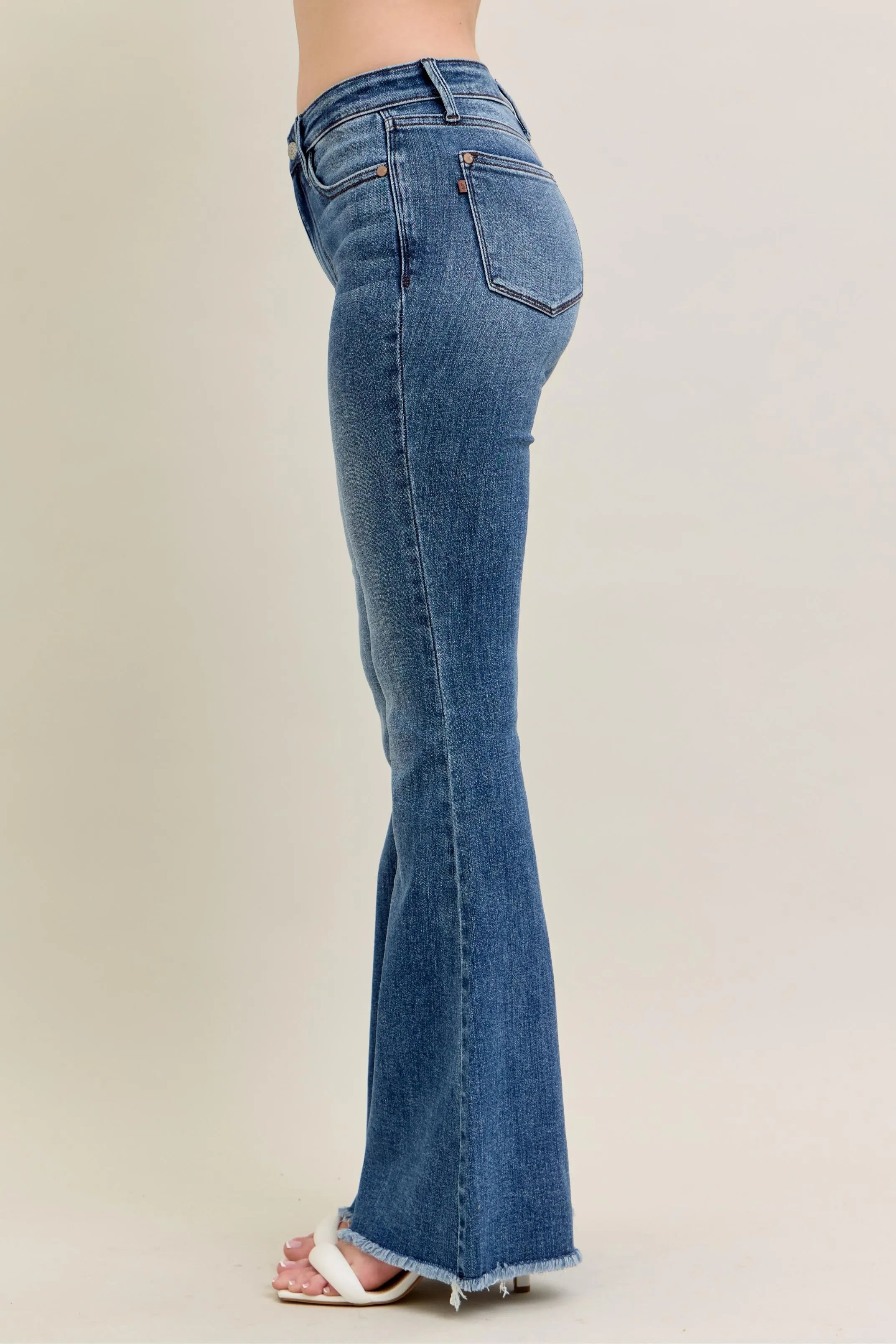 Judy Blue Mid-rise Vintage Wash Flare Jeans W/ Destroyed and Fray Hem