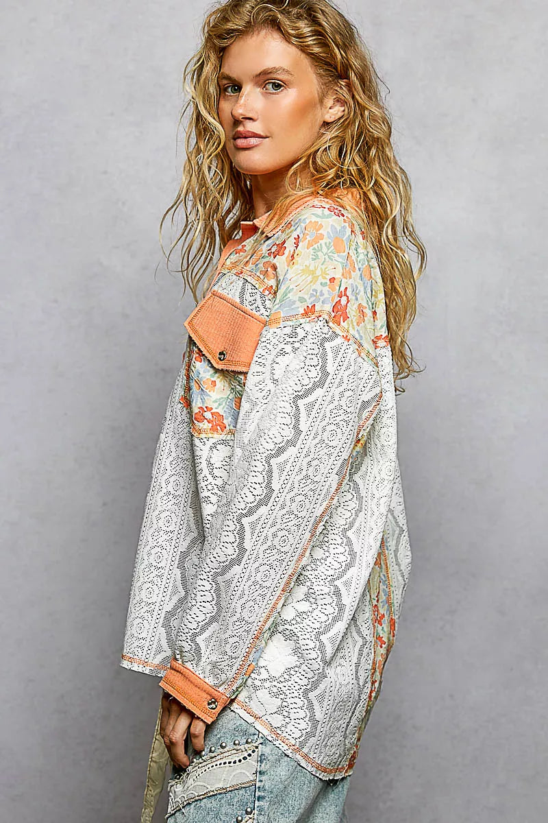 POL Coral Orange Floral Print Long Sleeve Lace Shirt with Front Pocket
