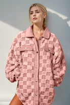 Preorder Double Take Button Up Fuzzy Checkered Shacket Dusty Pink