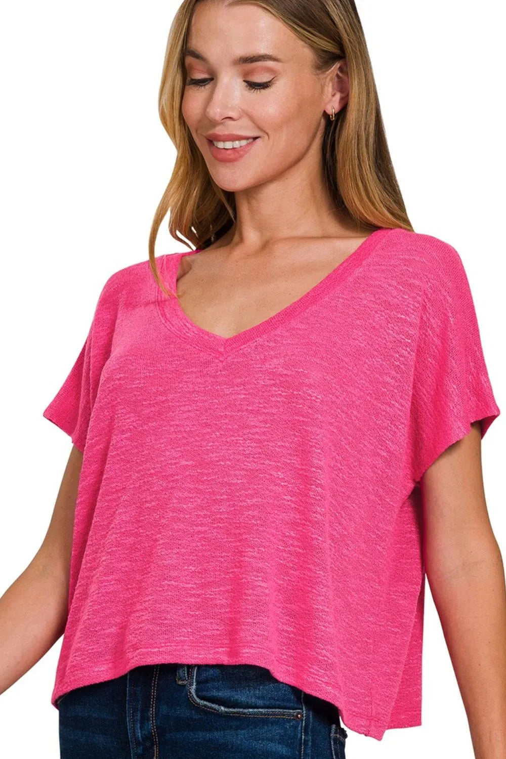 Zenana Hot Pink Hacci Slub V-neck Drop Shoulder Crop Top HOT PINK