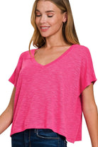 Zenana Hot Pink Hacci Slub V-neck Drop Shoulder Crop Top HOT PINK