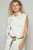 POL Ivory & Apricot Floral Asymmetrical Front Closure Raw Hem Floral Denim Vest IVORY APRICOT FLORAL