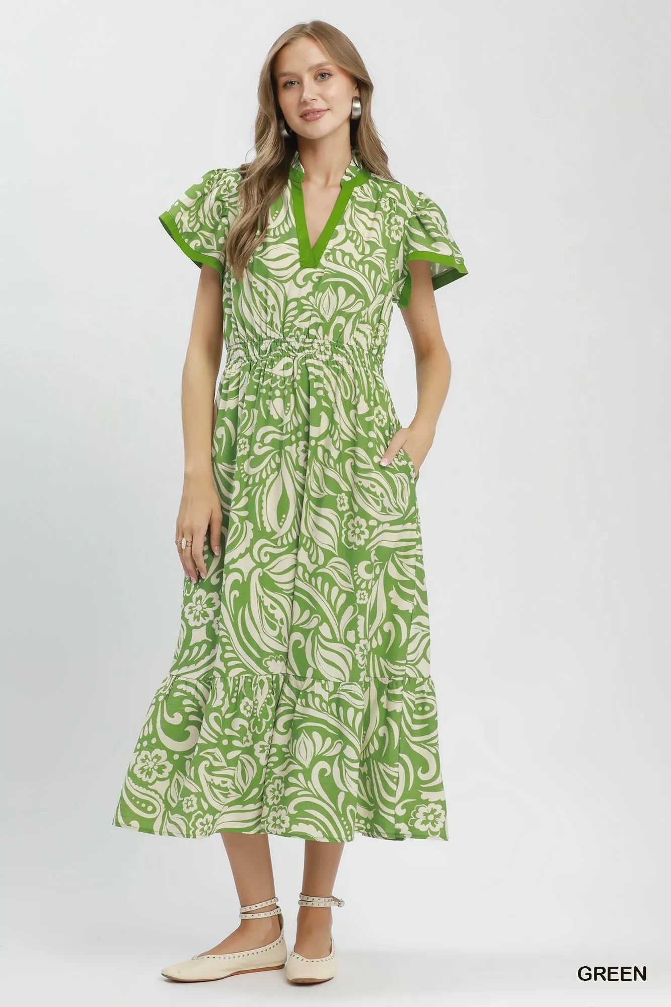 Umgee Green Paisley Print Midi Dress with Side Pockets