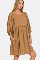 Zenana Deep CamelWashed Linen Pleated Puff Sleeve Babydoll Dress Trendsi