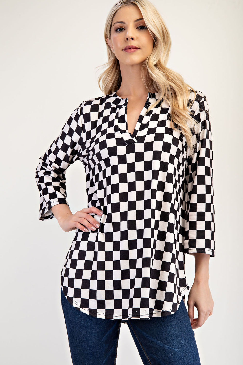 Celeste Curved Hem Checkered Notched Blouse Black Shirts & Tops