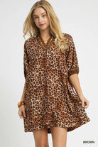 Umgee Brown Leopard Print Mini Dress with Contrast Trim Brown
