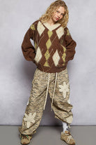 POL V-Neck Argyle Pattern Mohair Sweater with Contrast Exposed Stitch Detail