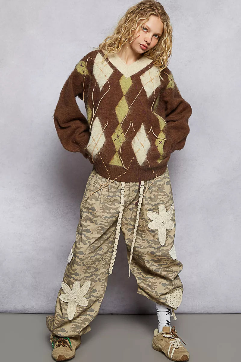 POL V-Neck Argyle Pattern Mohair Sweater with Contrast Exposed Stitch Detail