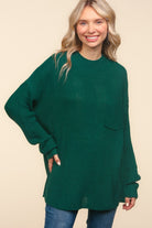 Haptics Hunter Green Mock Neck Side Slit Knitted Sweater Trendsi