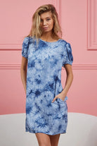 BiBi Navy Puff Sleeve With Side Pockets Tie Dye Dress