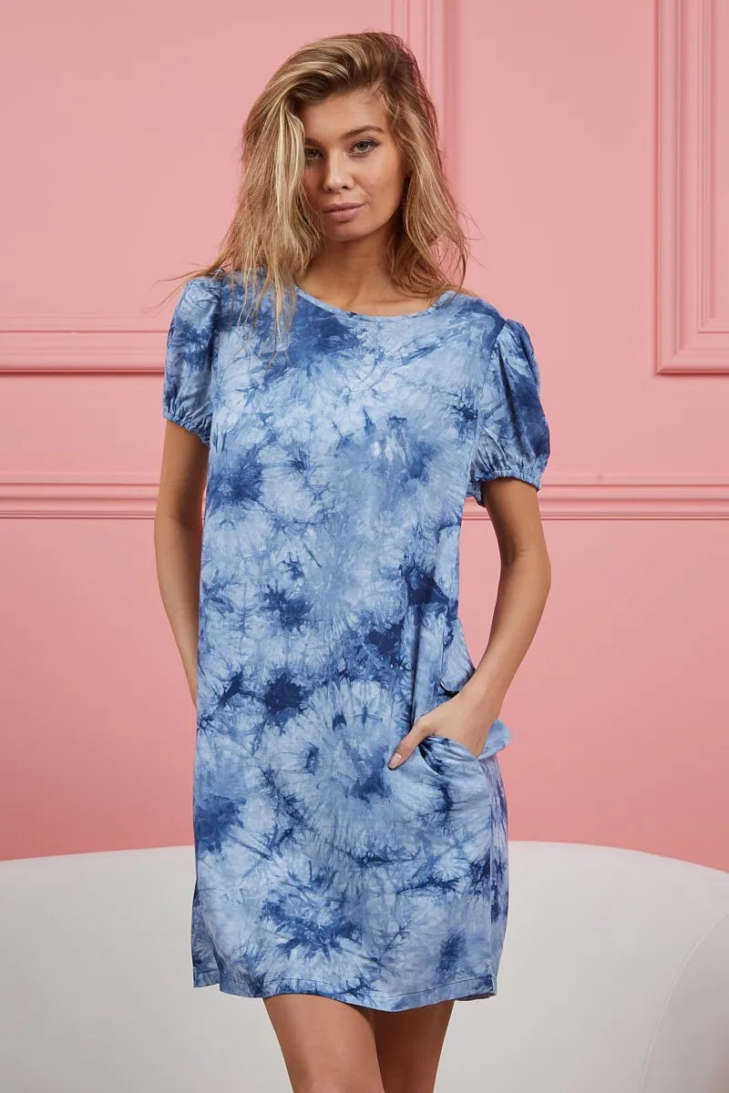 BiBi Navy Puff Sleeve With Side Pockets Tie Dye Dress