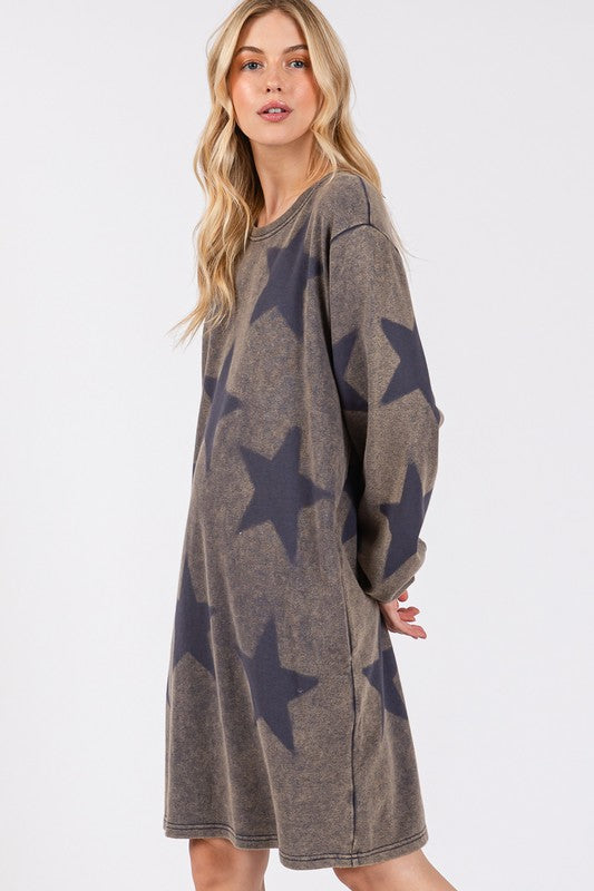 SAGE + FIG Dark Gray Mineral Washed Star Print Round Neck Dress Dresses