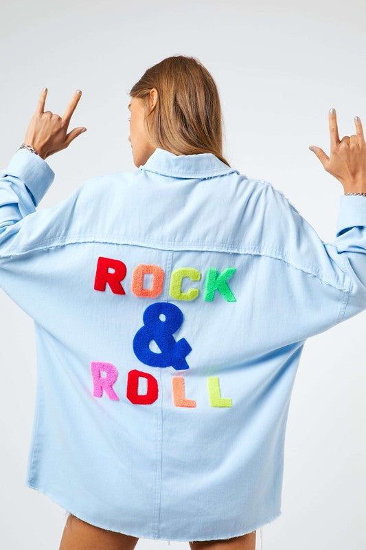 Davi & Dani Rock & Roll Multi Color Fringed Hem Detail Shirt Sky Blue Black Friday