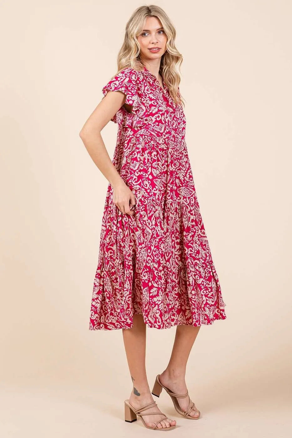 Mittoshop Fuchsia Abstract Print Ruffle Tier Midi Dress