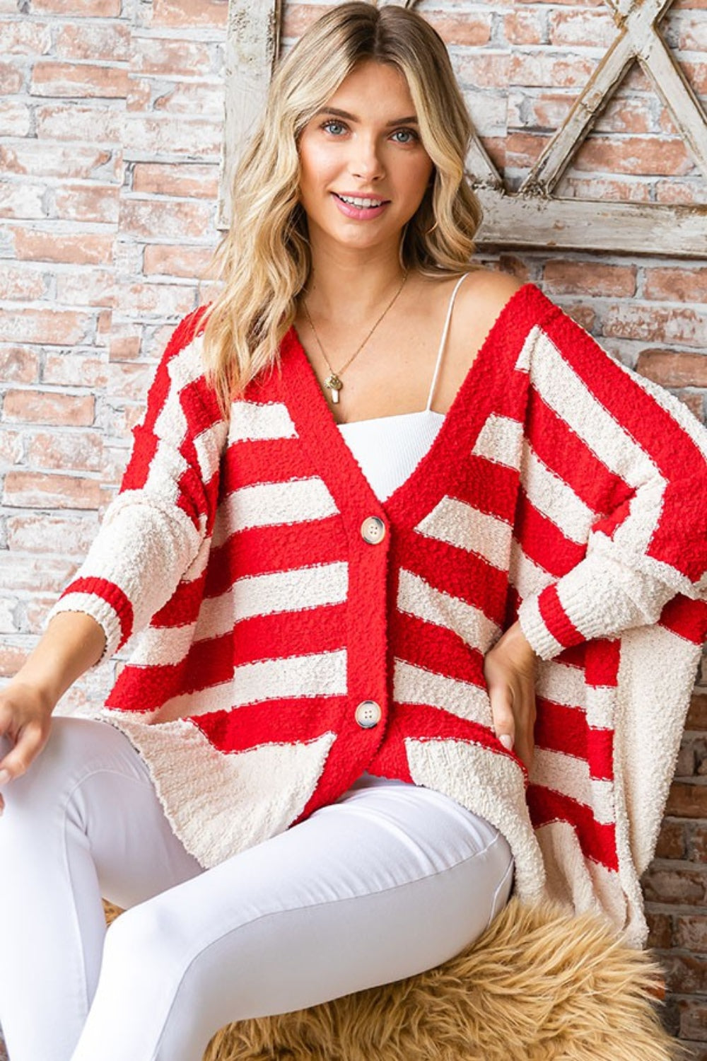 First Love Red and White Textured Striped Button Down Cardigan Red Trendsi
