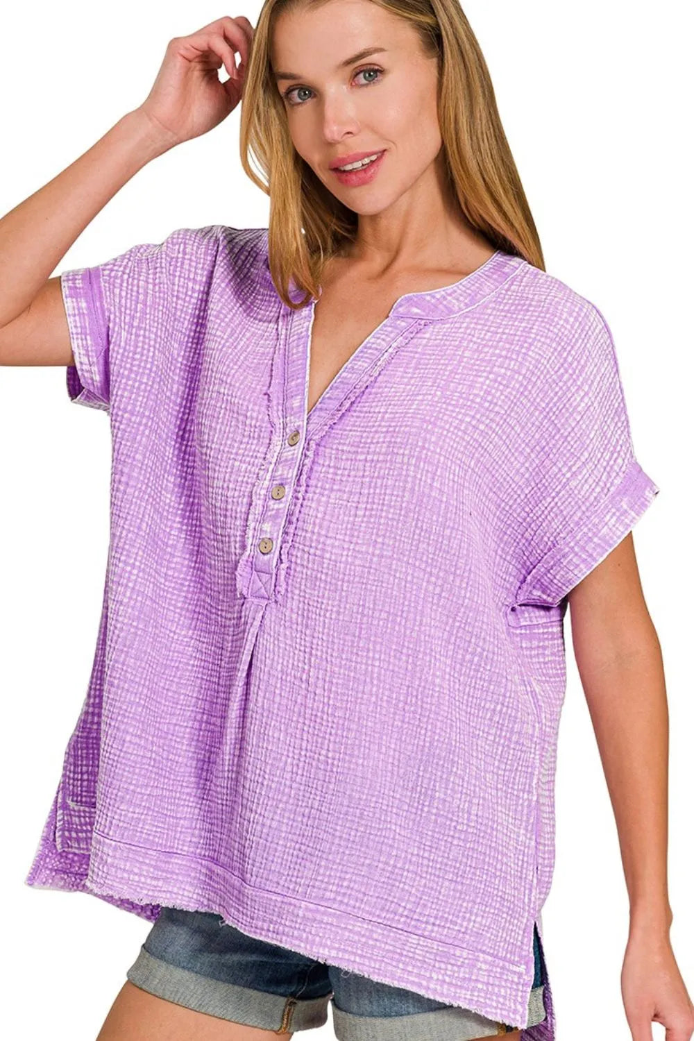 Zenana Bright Lavender Washed Double Gauze 3/4 Button Henley Neck Shirt B LAVENDER