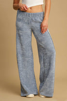 Umgee Light Blue Ribbed Elastic Waist Wide Leg Pants Light Blue