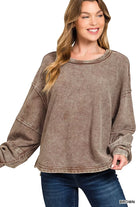 Zenana Brown Acid Washed Double Ribbed Exposed-Seam Sweatshirt BROWN
