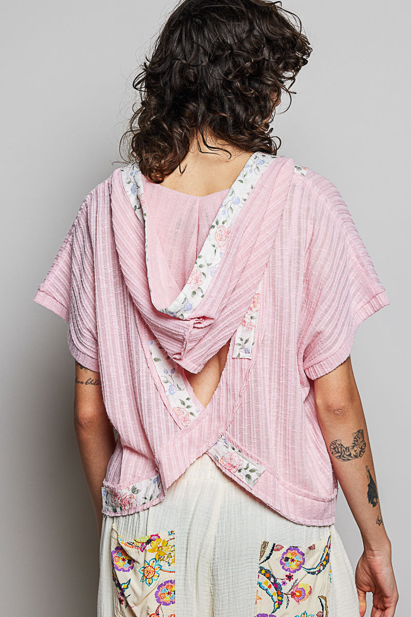 POL Short Sleeve Hooded Top with Back-Open & Pearl Details