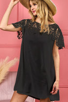 BiBi Black Crochet Lace Yoke Detailed Wrinkled Dress BLACK